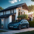 Modern Residential Building House With Technology For Electric Vehicles, Charging Eco Frendly Electric Futuristic Car From