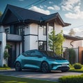 Modern Residential Building House With Technology For Electric Vehicles, Charging Eco Frendly Electric Futuristic Car From