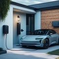 Modern Residential Building House With Technology For Electric Vehicles, Charging Eco Frendly Electric Futuristic Car From