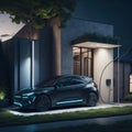 Modern Residential Building House With Technology For Electric Vehicles, Charging Eco Frendly Electric Futuristic Car From