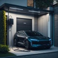 Modern Residential Building House With Technology For Electric Vehicles, Charging Eco Frendly Electric Futuristic Car From