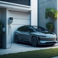 Modern Residential Building House With Technology For Electric Vehicles, Charging Eco Frendly Electric Futuristic Car From