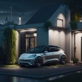 Modern Residential Building House With Technology For Electric Vehicles, Charging Eco Frendly Electric Futuristic Car From