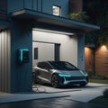 Modern Residential Building House With Technology For Electric Vehicles, Charging Eco Frendly Electric Futuristic Car From