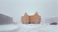 Modern residential buildings during heavy snowstorm. Red car driving on a snowy street. Generative AI