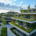 A modern residential complex with houses with a green roof and vegetation on the balconies