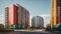 Modern residential high rise buildings with colorful facades