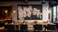 Modern Restaurant Interior With Abstract Pixel Art On The Wall. Contemporary Dining Space. Generative AI