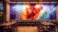 Modern Restaurant Interior With Abstract Pixel Art On The Wall. Contemporary Dining Space. Generative AI