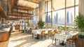 Elegant Restaurant in Dubai with Chefs Skyline View, Watercolor art Royalty Free Stock Photo