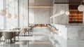 Modern Luxury Restaurant Interior Design with Marble Accents, Bar, and Pendant Lights Royalty Free Stock Photo