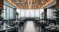 Modern Restaurant Interior with Geometric Floor and Ornate Ceiling Lights dining establishment Royalty Free Stock Photo