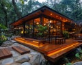 A modern restaurant in the jungle with wooden decking Royalty Free Stock Photo