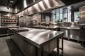 modern restaurant kitchen with sleek, clean lines and stainless steel countertops Royalty Free Stock Photo