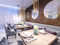 Modern restaurant with wooden decorative wall and round mirrors. Gold pendant lights. Purple sofa and chairs with tables. Served