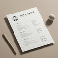 A modern resume design lies on a neutral-colored surface. The document features Royalty Free Stock Photo