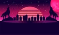 Modern retro abstract wallpaper background banner wolf howling night neon city lights with big moon Royalty Free Stock Photo