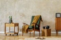 Modern retro composition of living room interior with design armchair, cube, tea pot, plant, clock, commode, plaid, carpet.