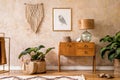 Modern retro composition of living room with wooden vintage commode, furniture, lamp, plant, carpet, pillows, gold mock up poster Royalty Free Stock Photo