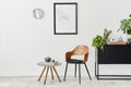 Modern retro concept of home interior with design chair, coffee table, plants, mock up poster map, carpet and personal accessoreis Royalty Free Stock Photo