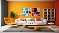 A modern retro living room concept with amber accent walls, sleek white furniture, and pops of color from retro-inspired accent Royalty Free Stock Photo