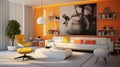 A modern retro living room concept with amber accent walls, sleek white furniture, and pops of color from retro-inspired accent Royalty Free Stock Photo