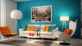 A modern retro living room concept with azure accent walls, sleek white furniture, and pops of color from retro-inspired accent Royalty Free Stock Photo