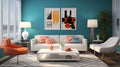 A modern retro living room concept with azure accent walls, sleek white furniture, and pops of color from retro-inspired accent Royalty Free Stock Photo