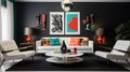 A modern retro living room concept with black accent walls, sleek white furniture, and pops of color from retro-inspired accent Royalty Free Stock Photo