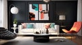 A modern retro living room concept with black accent walls, sleek white furniture, and pops of color from retro-inspired accent Royalty Free Stock Photo