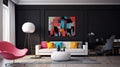 A modern retro living room concept with black accent walls, sleek white furniture, and pops of color from retro-inspired accent Royalty Free Stock Photo