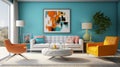 A modern retro living room concept with cyan accent walls, sleek white furniture, and pops of color from retro-inspired accent Royalty Free Stock Photo