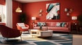 A modern retro living room concept featuring ruby-colored accent walls, retro-inspired furniture, and bold geometric patterns, Royalty Free Stock Photo