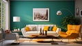 A modern retro living room concept with green accent walls, sleek white furniture, and pops of color from retro-inspired accent Royalty Free Stock Photo