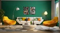A modern retro living room concept with green accent walls, sleek white furniture, and pops of color from retro-inspired accent Royalty Free Stock Photo