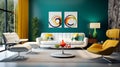 A modern retro living room concept with green accent walls, sleek white furniture, and pops of color from retro-inspired accent Royalty Free Stock Photo