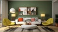 A modern retro living room concept with olive accent walls, sleek white furniture, and pops of color from retro-inspired accent Royalty Free Stock Photo