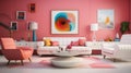 A modern retro living room concept with pink accent walls, sleek white furniture, and pops of color from retro-inspired accent Royalty Free Stock Photo