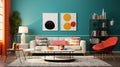 A modern retro living room concept with sea green accent walls, sleek white furniture, and pops of color from retro-inspired Royalty Free Stock Photo