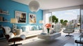 A modern retro living room design featuring sky blue accent walls, sleek white furniture, and pops of color from retro-inspired Royalty Free Stock Photo