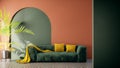 Modern retro living room with green and orange wall 3d render. The Rooms have pattern floor