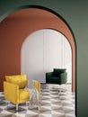 Modern retro living room with green, orange and white wall 3d render. The Rooms have pattern floor