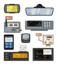 Modern and retro taximeters set. Accurate navigation and payment counters with yellow screen number of kilometers and