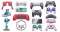 Modern and retro video game consoles, gamepads and joysticks. Wireless gaming control gadgets and steering wheel. Gamer