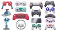 Modern and retro video game consoles, gamepads and joysticks. Wireless gaming control gadgets and steering wheel. Gamer devices Royalty Free Stock Photo
