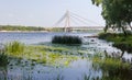 Modern road cable-stayed bridge across river, Kyiv, Ukraine