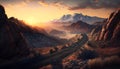 Modern road in mountains af sunset, landscape with highway and rocks, generative AI