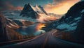 Modern road in mountains at sunset, landscape with highway and lake, generative AI