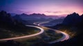 Modern road in mountains after sunset, landscape with highway and light trails, generative AI