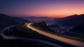 Modern road in mountains after sunset, landscape with highway and light trails, generative AI